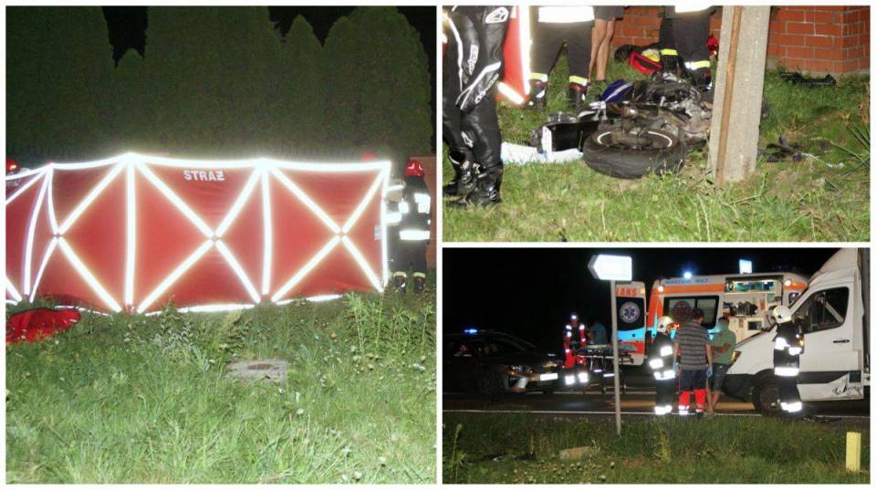 [ZDJĘCIA] Poważny wypadek w Paprotni. Motocyklista uderzył w samochód dostawczy i słup. Ranny 42-latek trafił do szpitala